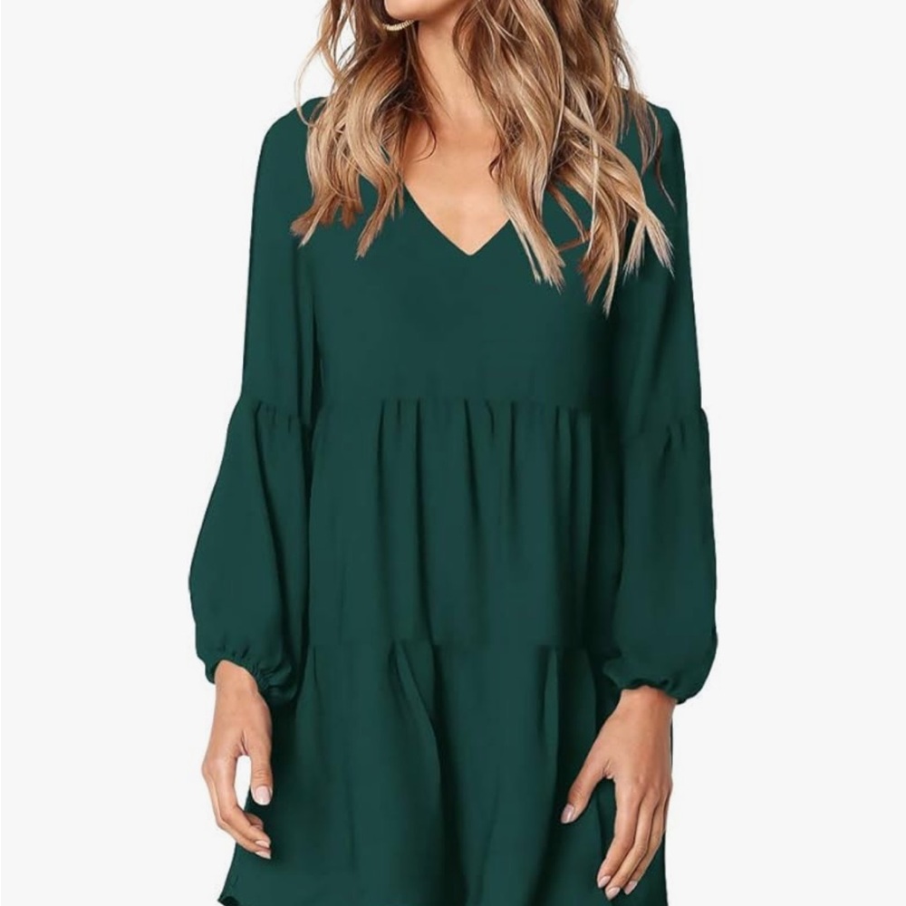Amoretu Women’s Long Sleeve Dress in dark green - loose flowy shift dress